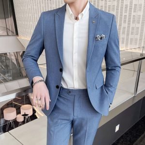 (Jacket Pants) Fashion Men's Pure Color Leisure Suits Gray Blue Black Slim Fit Men Business Banquet Suit Set Plus Size 3XL 4XL